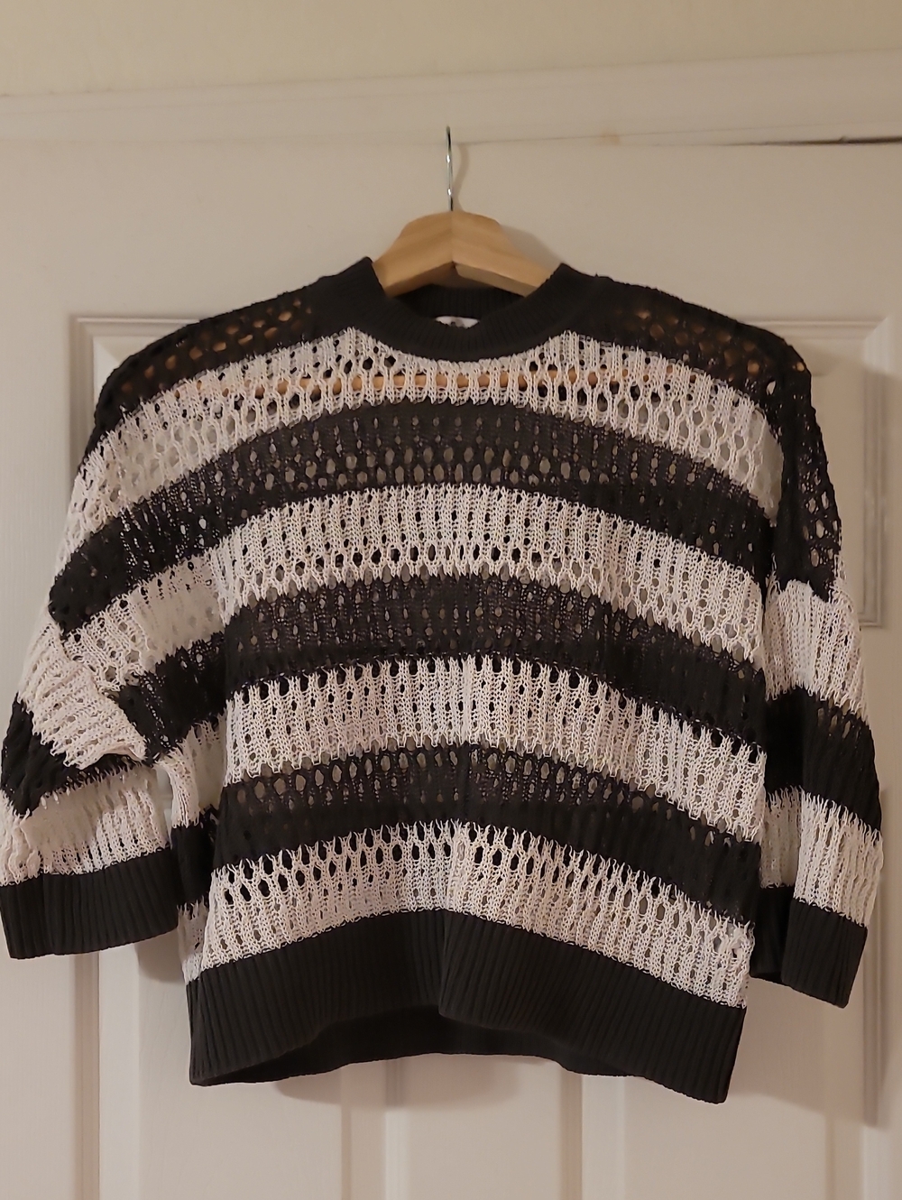 Madewell Black and White Striped Open-Knit Crewneck Sweater